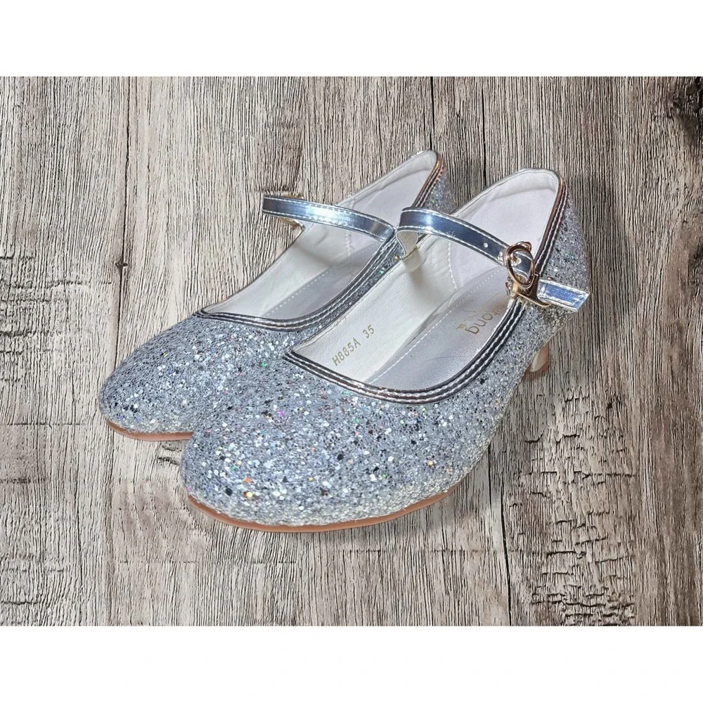 Girls Silver Glitter Heels Dress Party Wedding Shoes Princess Pumps Size 4.5